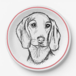 Assiettes En Carton croquis de teckel dessiné à la main en noir et bla