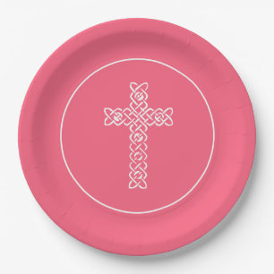 Assiettes En Carton Cross Watermelon Communion rose Baptême Christen
