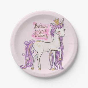 Assiettes En Carton "Croyez en vos rêves" Unicorn Girls Birthday 7"