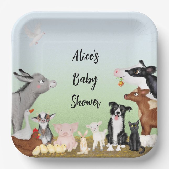 Assiettes En Carton Cubes animaux de ferme baby shower carré plaque pa (Recto)