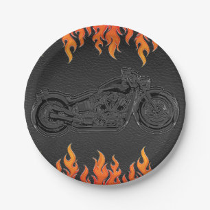 Assiettes En Carton Cuir noir flammes orange moto motard fête
