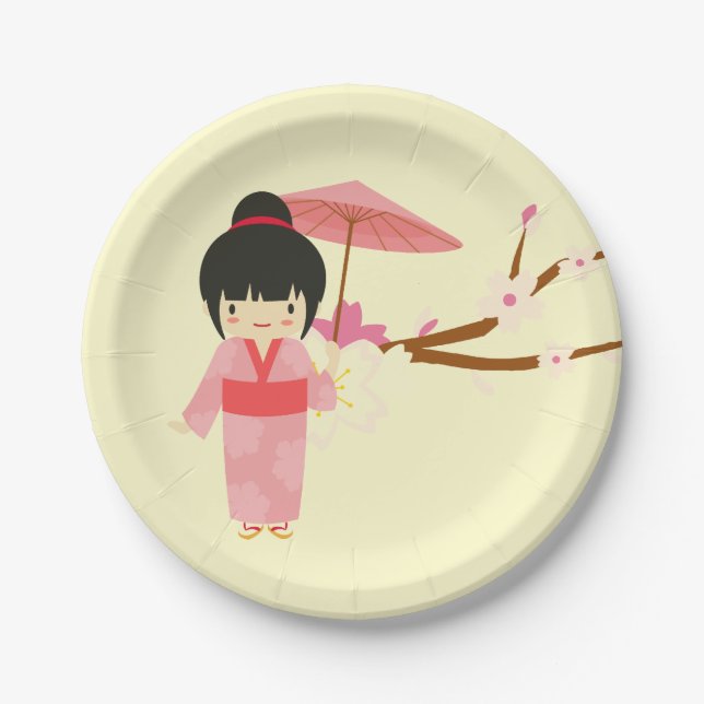 Assiettes En Carton Cuisine japonaise rose cerise en fleurs Geisha (Devant)