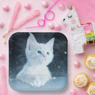 Assiettes En Carton Cuite Kitten blanc avec de beaux yeux bleus