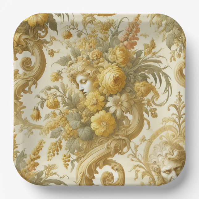 Assiettes En Carton Culte d'or - Coussin floral baroque (Recto)