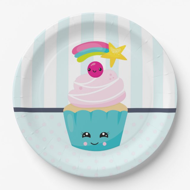 Assiettes En Carton Cupcake bleu mignon avec visage Kawaii (Devant)