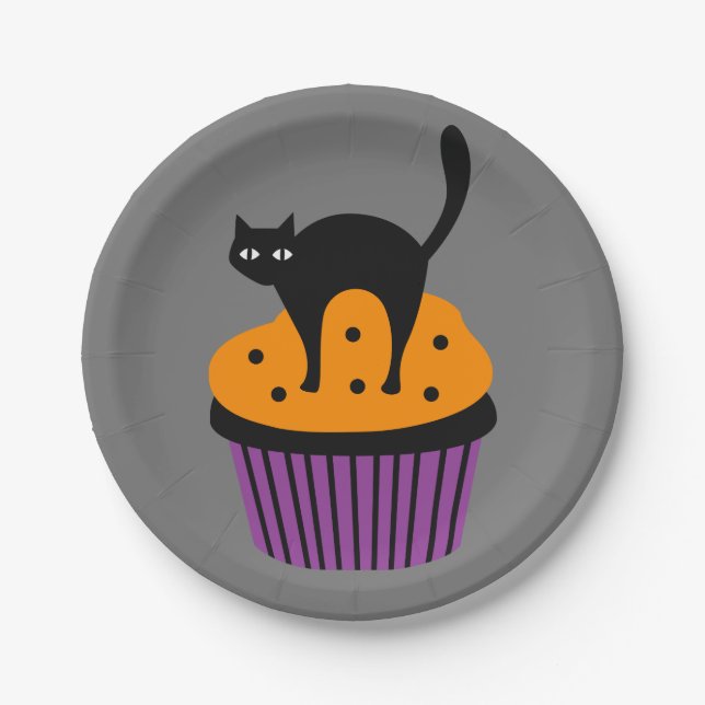 Assiettes En Carton cupcake de chat d'Halloween (Devant)