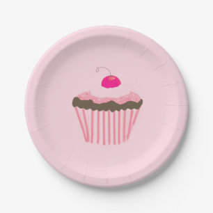 Assiettes En Carton Cupcake rose avec cerise sur le dessus