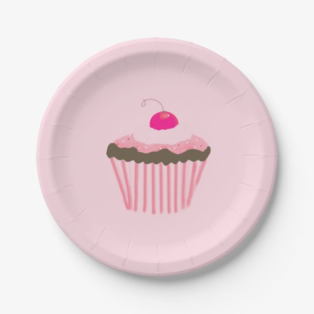 Assiettes En Carton Cupcake rose avec cerise sur le dessus (Devant)