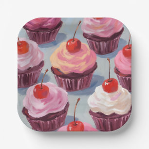Assiettes En Carton Cupcakes Cerise Glaçés Célébration d'anniversair