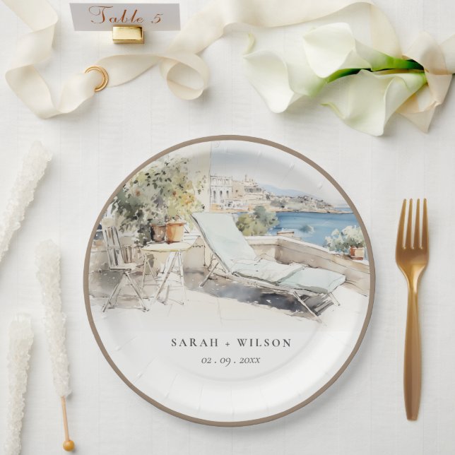 Assiettes En Carton Curfu Grèce Mariage de paysage aquarelle (Mariage)
