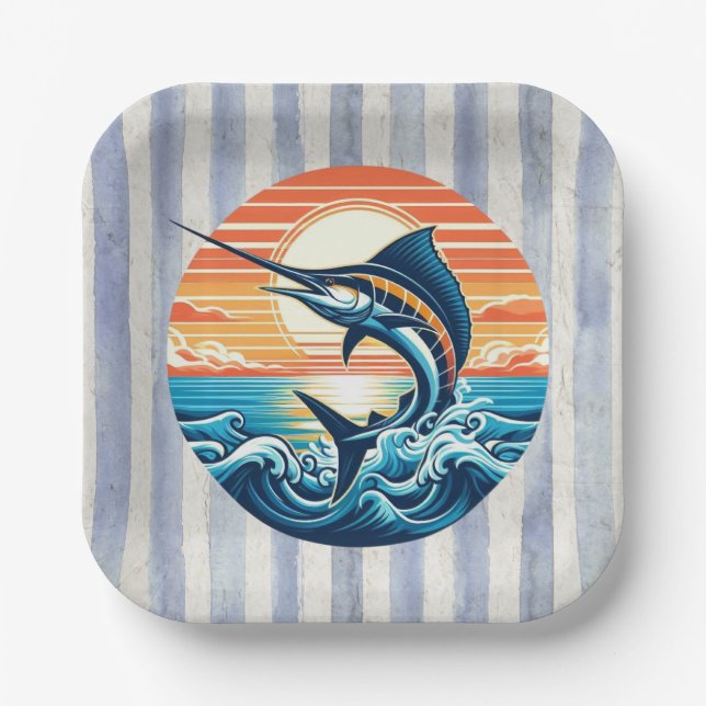Assiettes En Carton Custom Coastal/nautical/beach marlin sunset (Recto)
