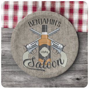 Assiettes En Carton Custom Cowboy Revolver Gun Whiskey Saloon
