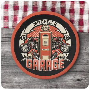 Assiettes En Carton Custom NAME Retro Gas Pump Motorcycle Biker Garage