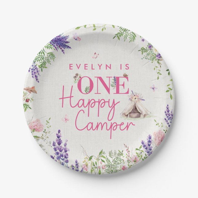Assiettes En Carton Custom One Happy Camper Baby Girls First Birthday (Devant)