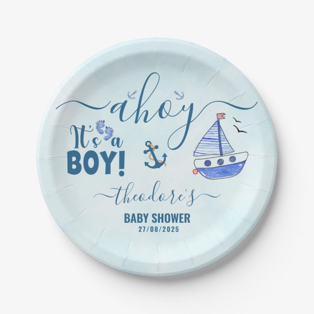 Assiettes En Carton Cute Ahoy C'est un Boy Sailboat Baby shower nautiq (Devant)