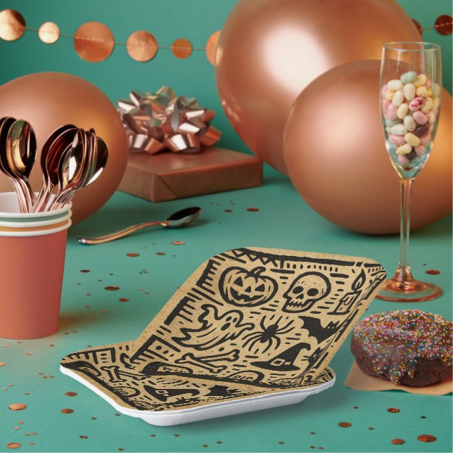 Assiettes En Carton Cute ancient hieroglyph pumpkin and bat Halloween (Multi)