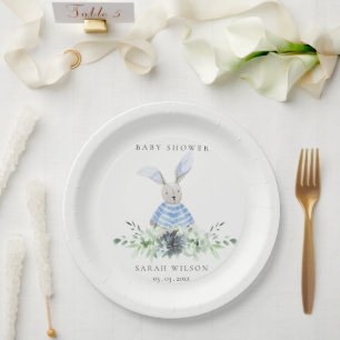 Assiettes En Carton Cute Aqua Blue Bunny Garden Baby shower de feuilla