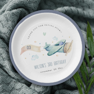 Assiettes En Carton Cute Aqua Vert Bleu Enfants Nuages d'avion Anniver