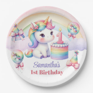 Assiettes En Carton Cute aquarelle licorne avec gâteau 1er anniversair