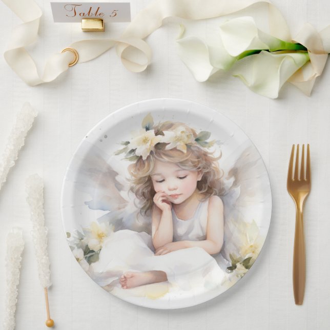 Assiettes En Carton Cute Aquarelle Petite fille Angel Religieux (Mariage)
