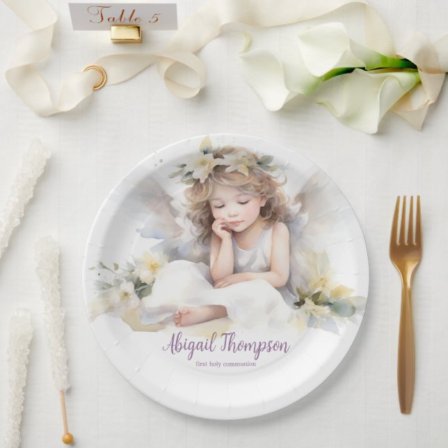 Assiettes En Carton Cute Aquarelle Petite fille Angel Religieux (Mariage)