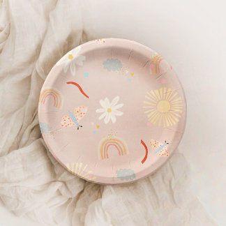 Assiettes En Carton Cute Arc-en-ciel rose plaque papier d'anniversaire