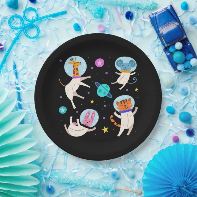 Assiettes En Carton Cute astronaute Animaux flottant dans l'espace (Fête)