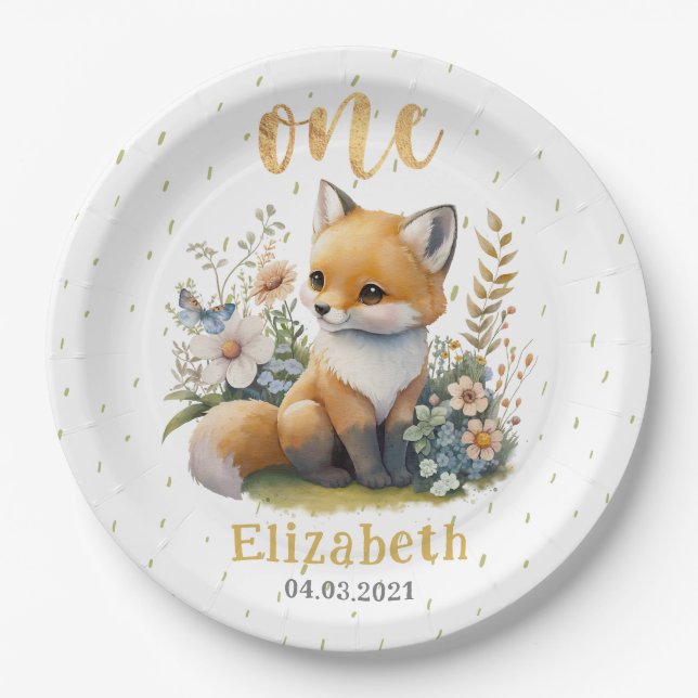Assiettes En Carton Cute Baby Fox 1er Anniversaire Plaques papier de f (Devant)