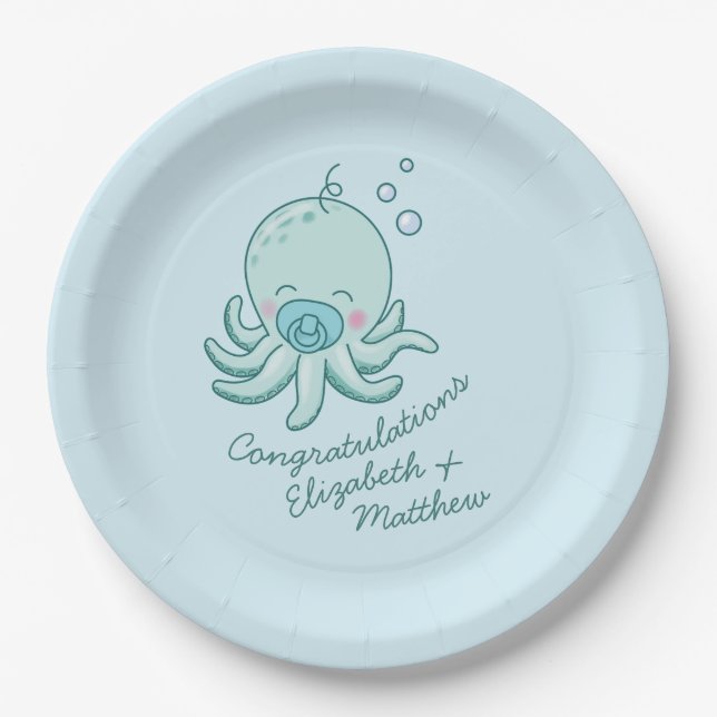 Assiettes En Carton Cute Baby shower Octopus Kawaii Blue Boy (Devant)