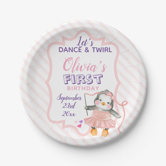 Assiettes En Carton Cute Ballerina Penguin rose 1er Anniversaire fête  (Devant)