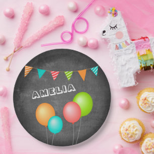 Assiettes En Carton Cute Balloon Bunting Flag Chalkboard Kid Birthday