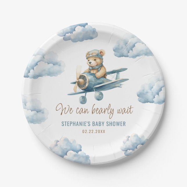 Assiettes En Carton Cute Bear Avion Blue Boy Baby shower (Devant)