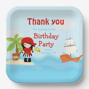 Assiettes En Carton Cute Black Cheveux Pirate Girl en Rouge Anniversai