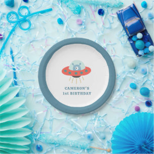 Assiettes En Carton Cute Blue Alien vaisseau spatial Fête d'anniversai