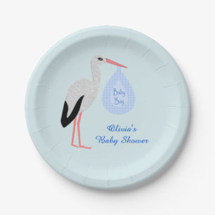 Assiettes En Carton Cute Blue Baby Boy Baby shower Stork Personnalisé