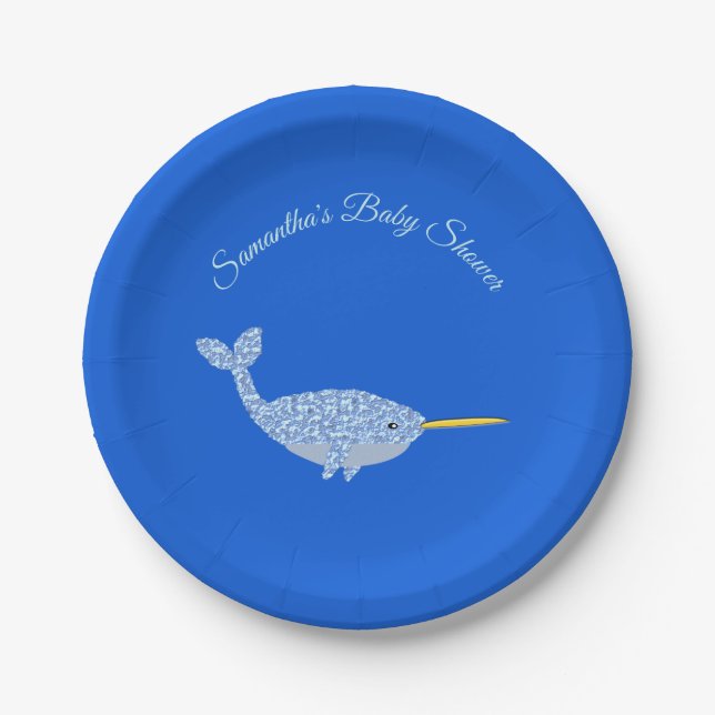 Assiettes En Carton Cute Blue Baby Boy Narwhal Baby shower personnalis (Devant)
