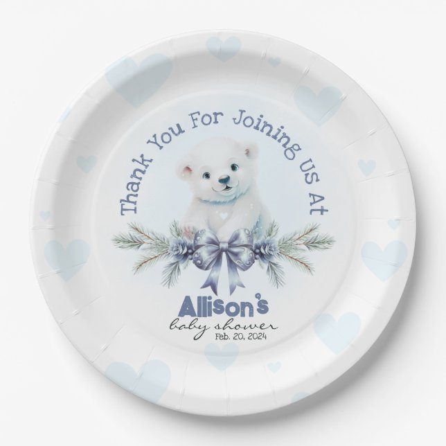 Assiettes En Carton Cute Blue Boy Bear Cub Coeurs Baby shower d'hiver (Devant)