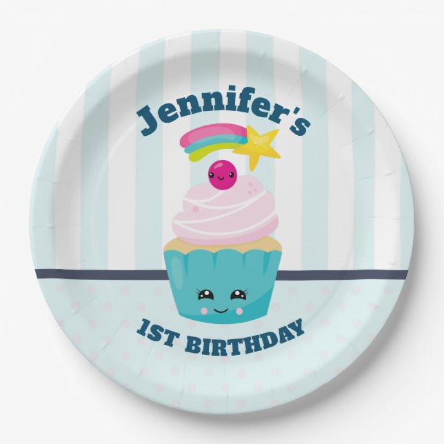 Assiettes En Carton Cute Blue Cupcake avec Kawaii Face Anniversaire (Devant)