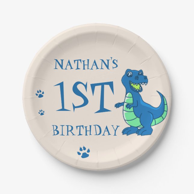 Assiettes En Carton Cute Blue Green Paw Dinosaur Thème Anniversaire (Devant)