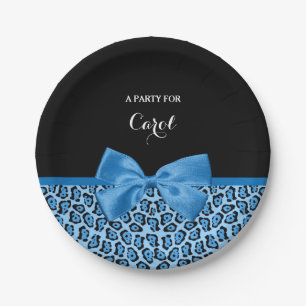Assiettes En Carton Cute Blue Jaguar Print Bright Blue Ribbon et nom