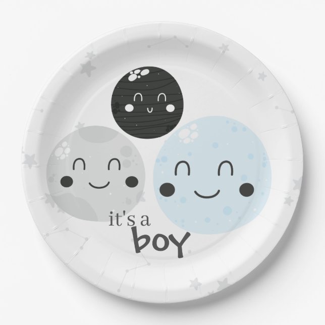 Assiettes En Carton Cute Blue Kawaii Planet C'est un Baby shower garço (Devant)