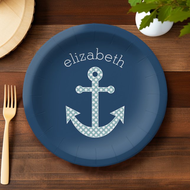 Assiettes En Carton Cute Blue Polka Point Ancre avec Marine Nom person (Custom Party Plates)