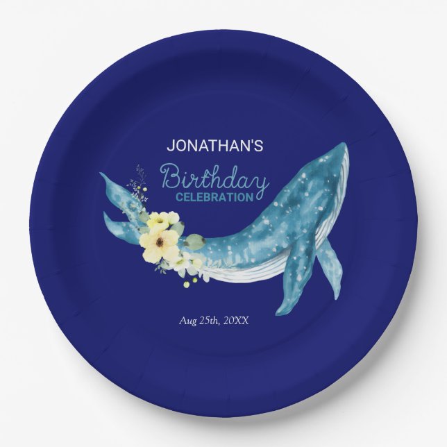 Assiettes En Carton Cute Blue Whale Jaune Floral Navy fête d'anniversa (Devant)