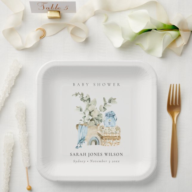 Assiettes En Carton Cute Boho Blue Nursery Foliage Boy Baby shower (Mariage)