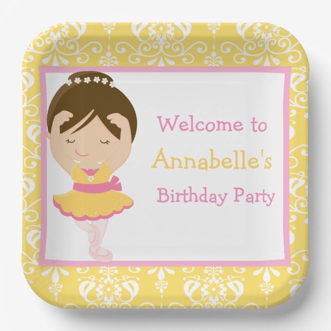 Assiettes En Carton Cute Brunette Ballerina fête d'anniversaire (Recto)