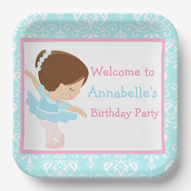 Assiettes En Carton Cute Brunette Ballerina fête d'anniversaire (Recto)