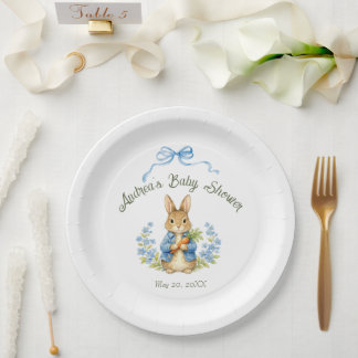 Assiettes En Carton Cute Bunny Boy Floral Blue Bow Baby Shower 