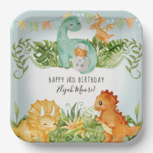 Assiettes En Carton Cute Carré Dinosaur Foliage 3e fête d'anniversaire