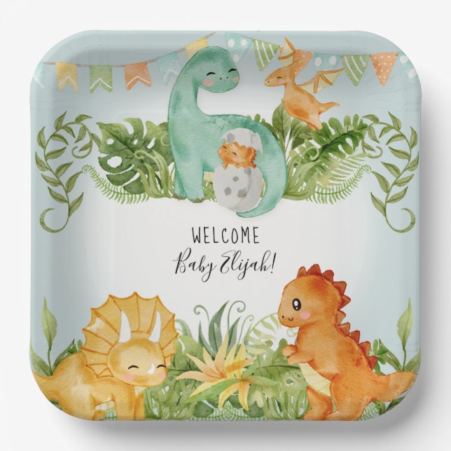 Assiettes En Carton Cute Carré Dinosaur Foliage Aquarelle Bébé Garçon (Recto)