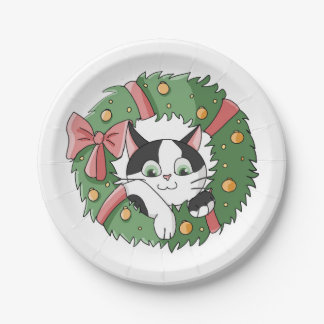 Assiettes En Carton Cute Cartoon Cat in Christmas Wreath
